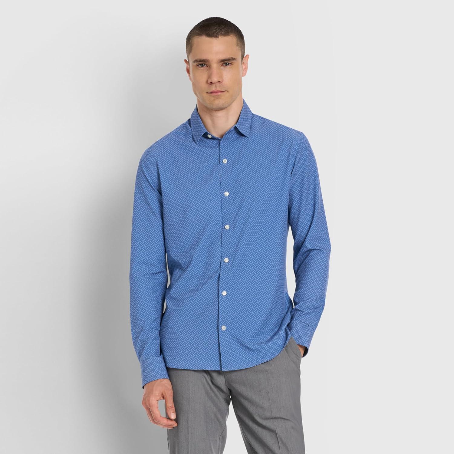 imageVan Heusen Mens AllWay Performance Stretch Long Sleeve Button Up Shirt Slim Fit Regular Length Quick DryRiverside Blue