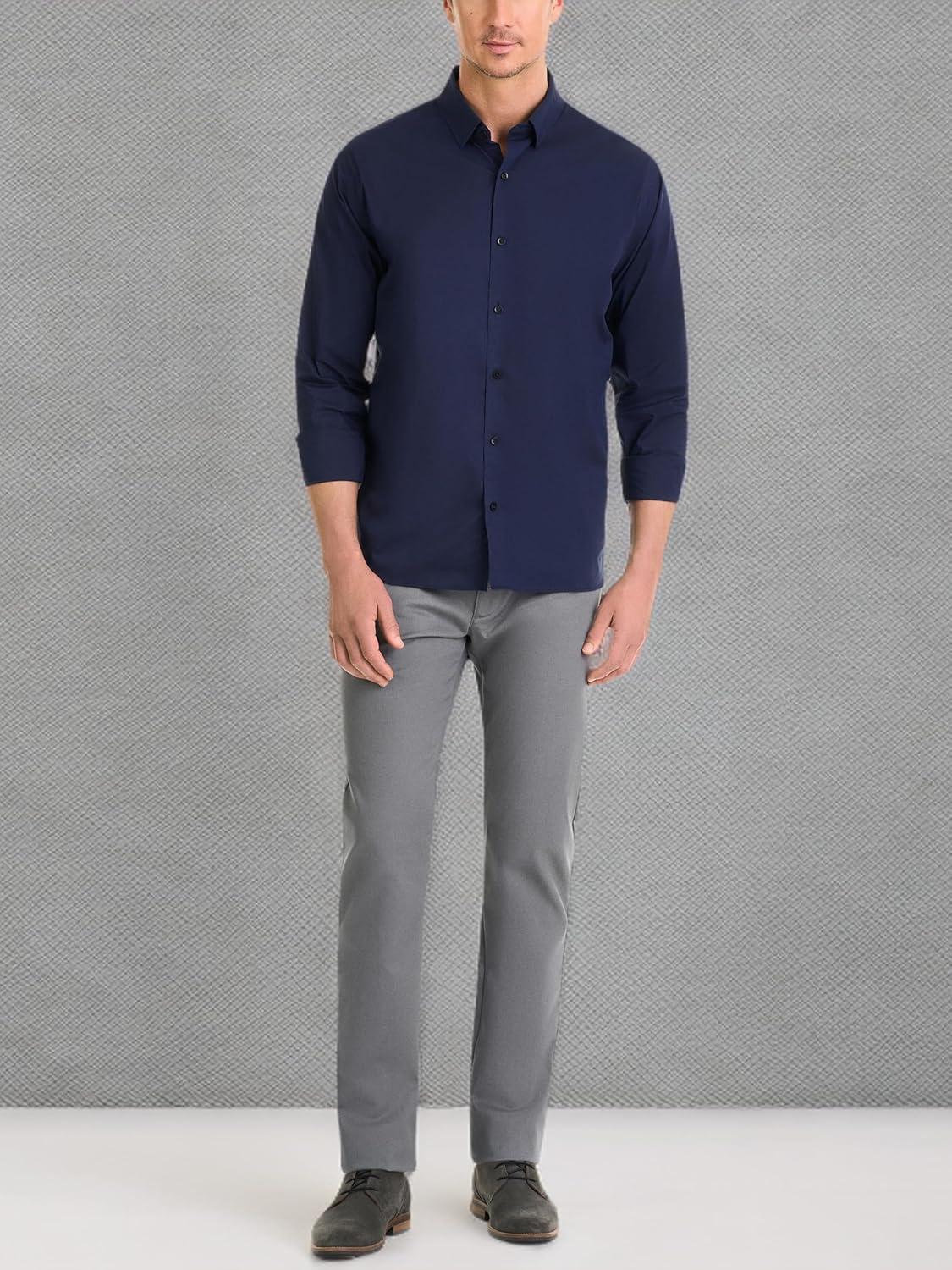 imageVan Heusen Mens Classic Fit Stain Shield Never Tuck Stretch Solid Button Down ShirtButton Down ShirtBlack Iris Solid