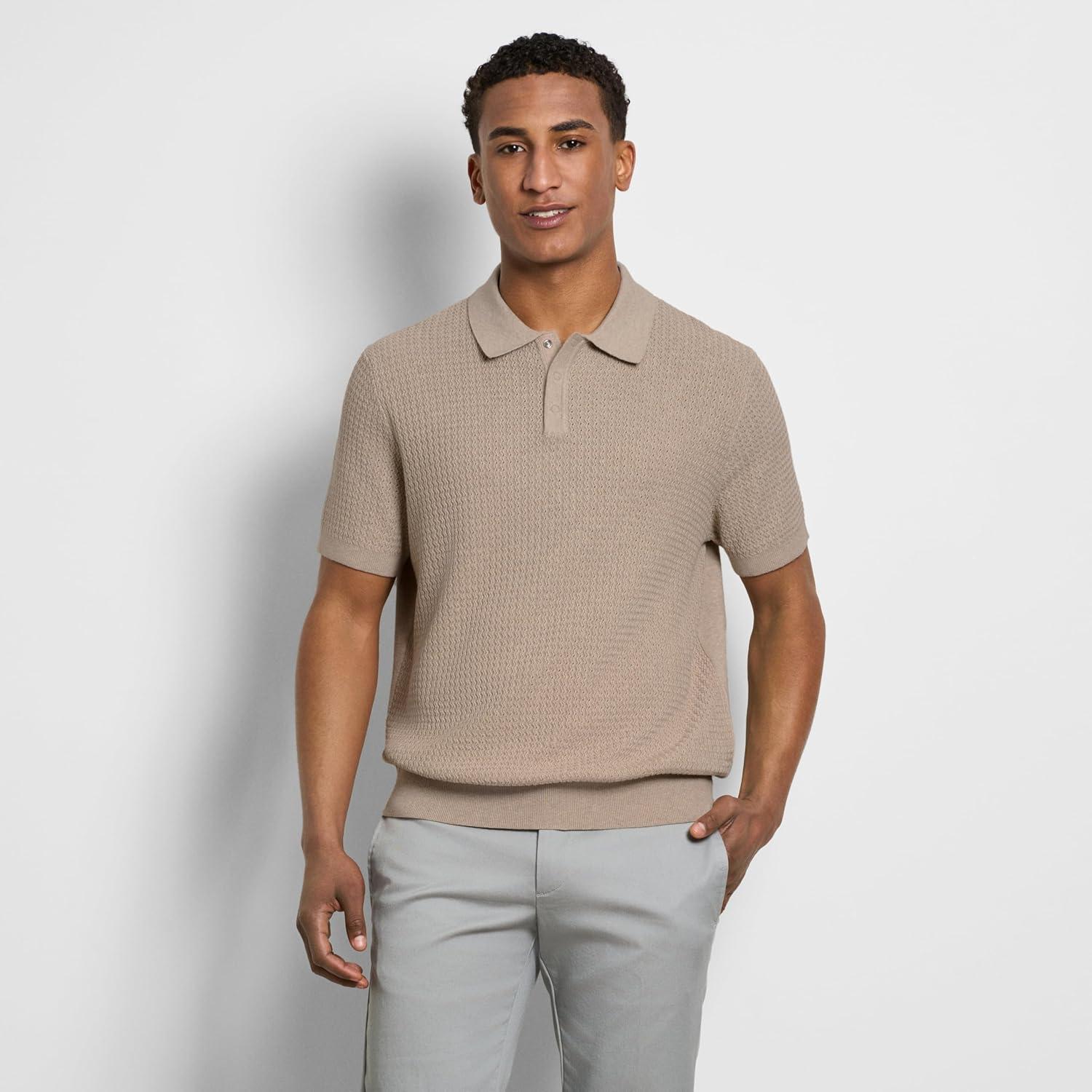 imageVan Heusen Mens Short Sleeve Temp Control Polo Sweater Shirt Regular Fit Button amp Snap Closure Cooling FabricLight Beige