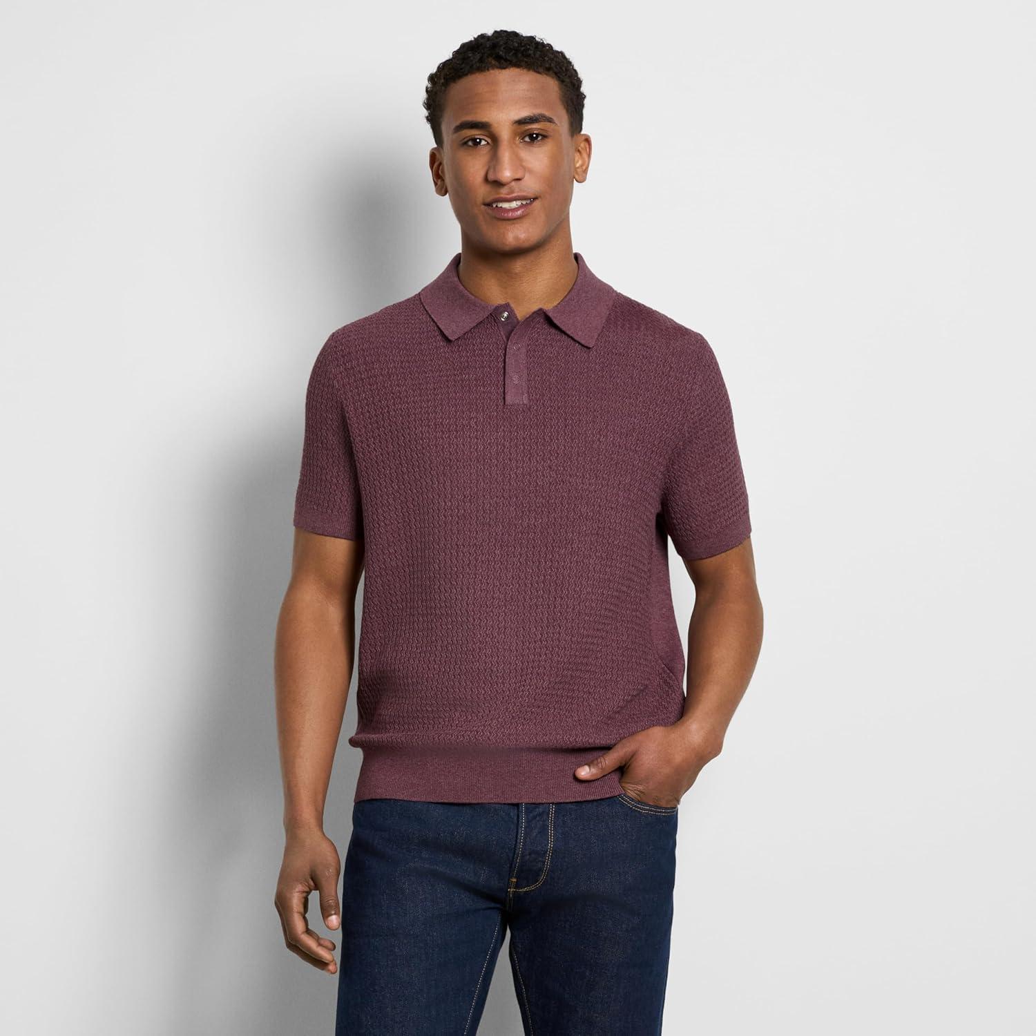 imageVan Heusen Mens Short Sleeve Temp Control Polo Sweater Shirt Regular Fit Button amp Snap Closure Cooling FabricPort Red