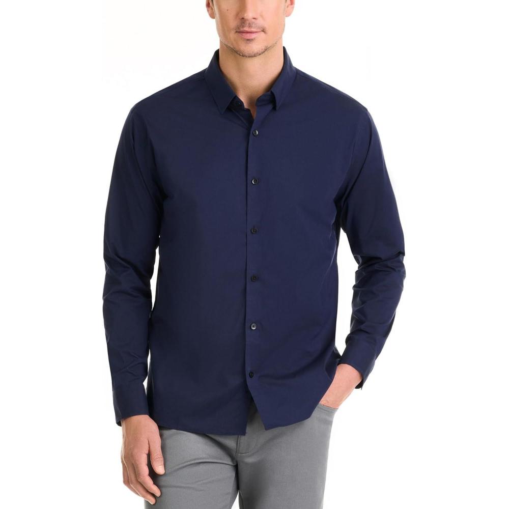 imageVan Heusen Mens Classic Fit Stain Shield Never Tuck Stretch Solid Button Down ShirtButton Down ShirtBlack Iris Solid