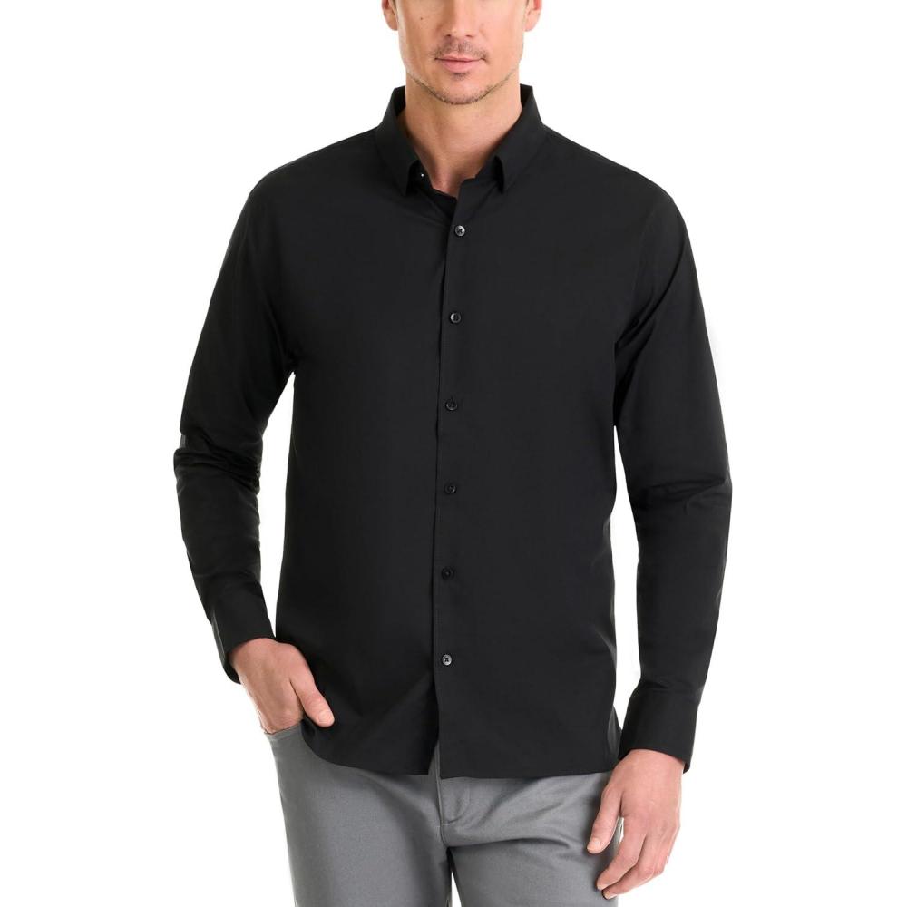 imageVan Heusen Mens Classic Fit Stain Shield Never Tuck Stretch Solid Button Down ShirtButton Down ShirtBlack Solid