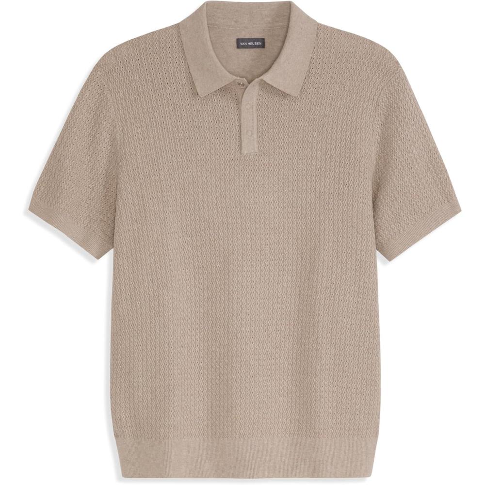 imageVan Heusen Mens Short Sleeve Temp Control Polo Sweater Shirt Regular Fit Button amp Snap Closure Cooling FabricLight Beige