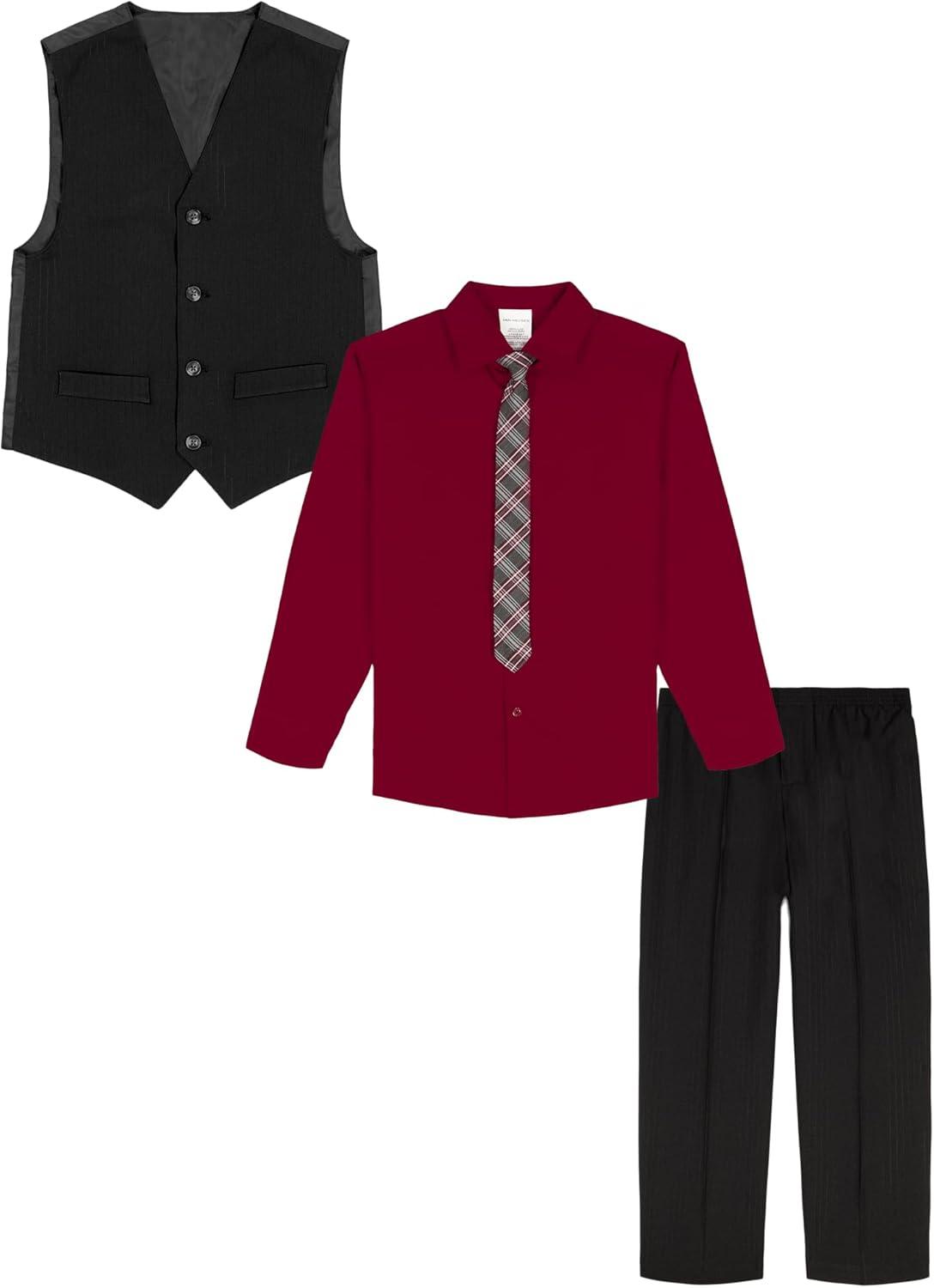 imageVan Heusen Boys 4Piece Formal Suit Set Vest Pants Collared Dress Shirt and TieBlackLuster Stripe