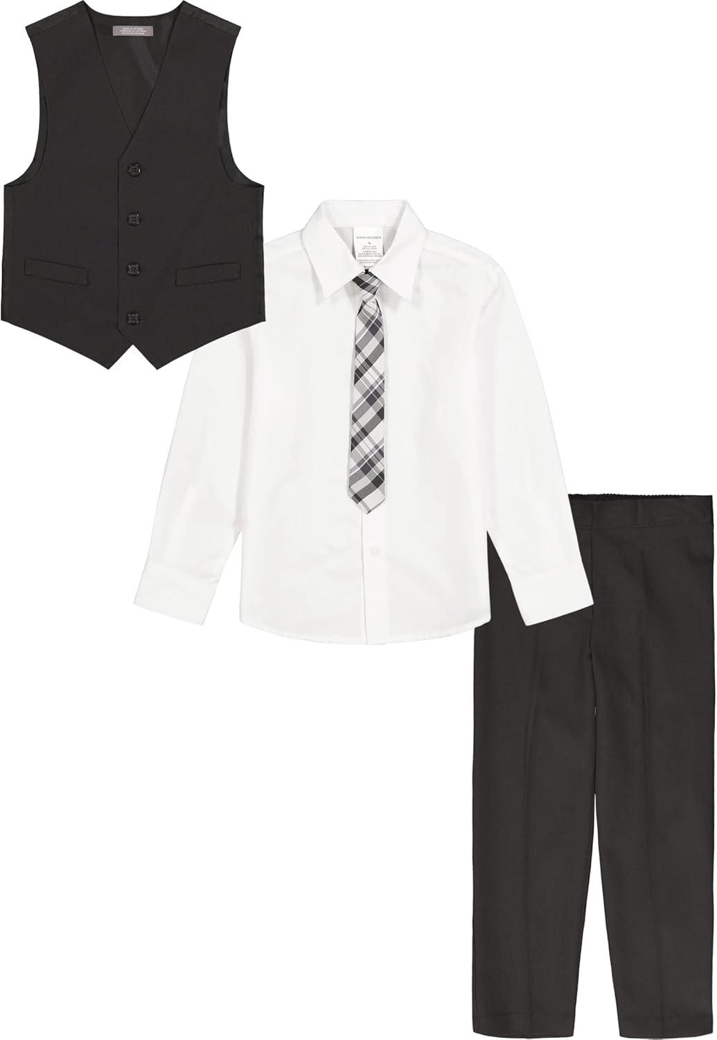 imageVan Heusen Boys 4Piece Formal Suit Set Vest Pants Collared Dress Shirt and TieBlackRed Stripe