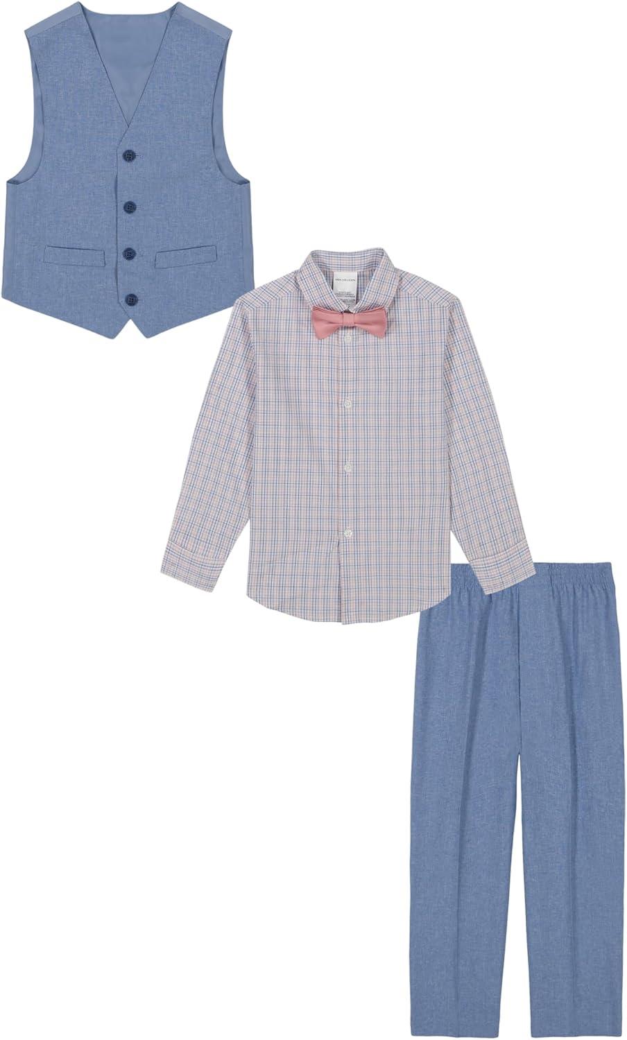 imageVan Heusen Boys 4Piece Formal Suit Set Vest Pants Collared Dress Shirt and TieBluePink Plaid