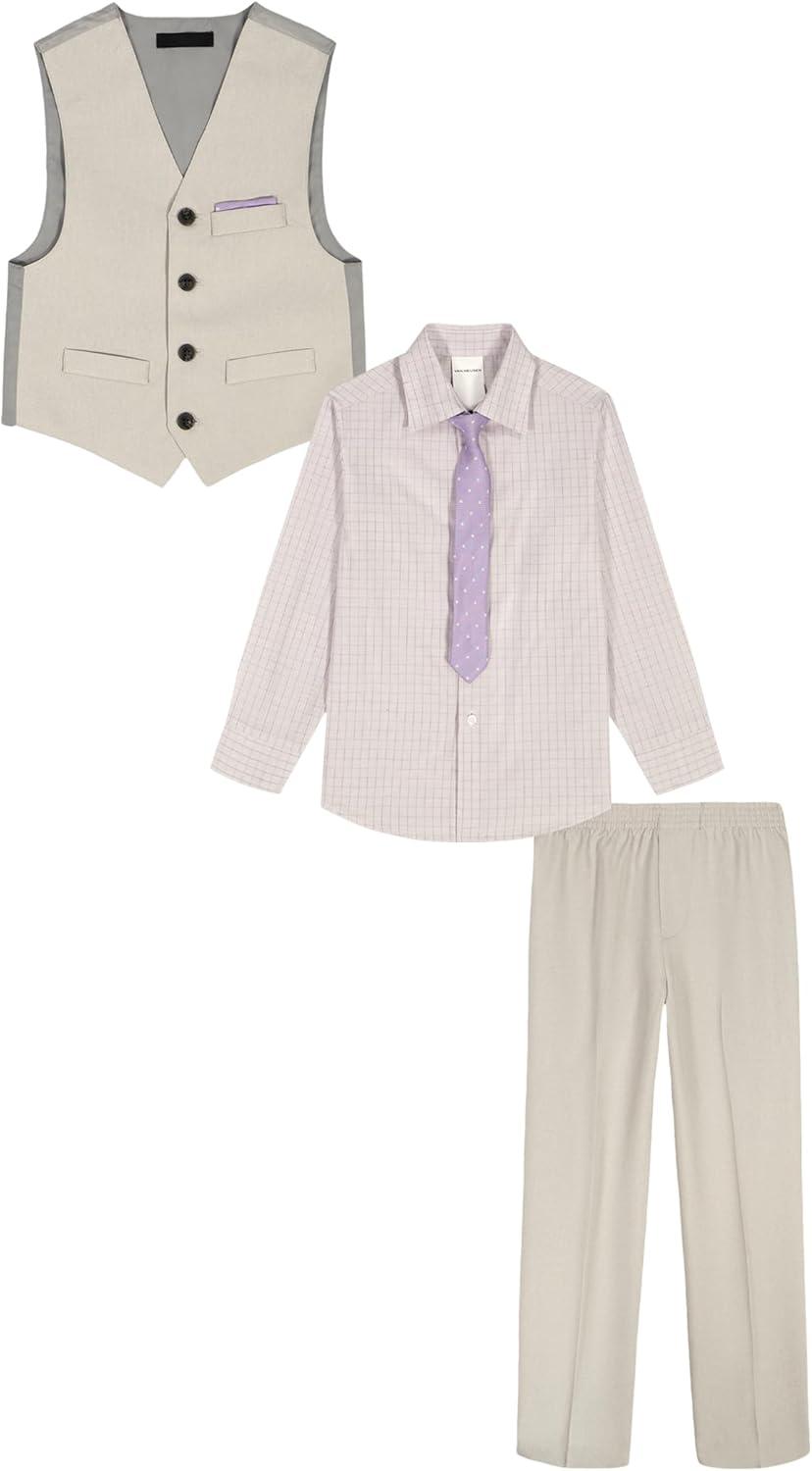 imageVan Heusen Boys 4Piece Formal Suit Set Vest Pants Collared Dress Shirt and TieLight Grey