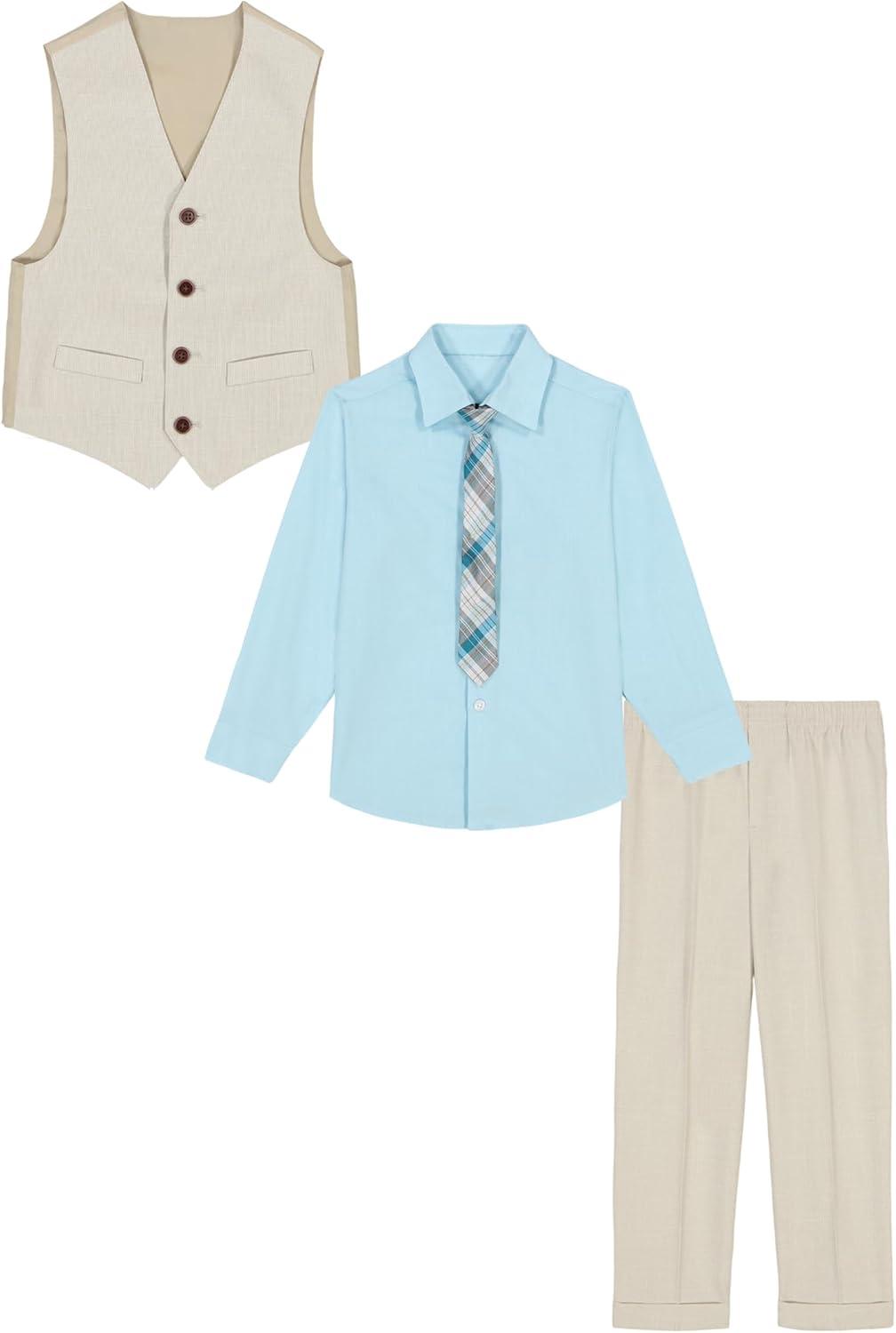 imageVan Heusen Boys 4Piece Formal Suit Set Vest Pants Collared Dress Shirt and TieLight KhakiGreen