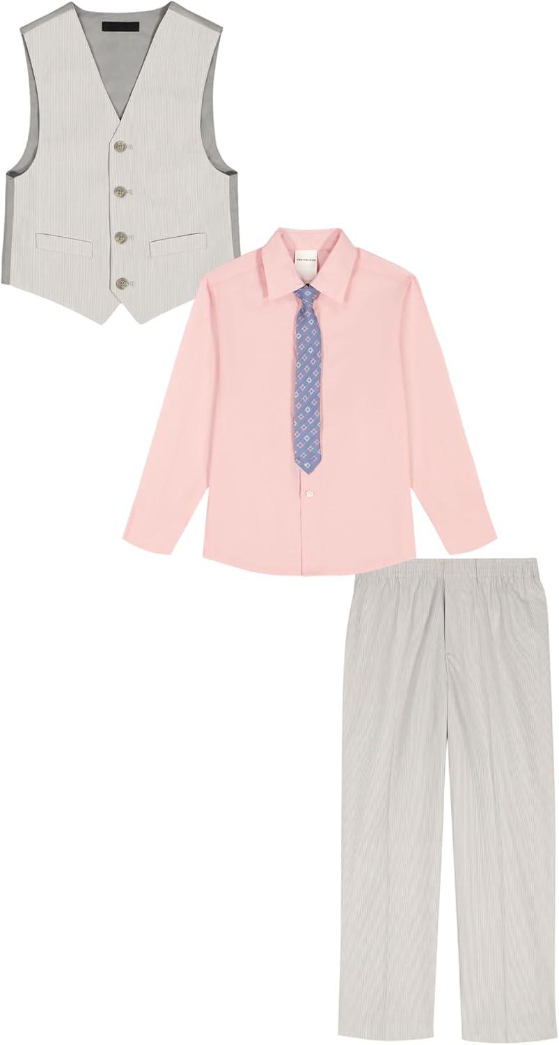 imageVan Heusen Boys 4Piece Formal Suit Set Vest Pants Collared Dress Shirt and TieSilver Metal Stripe