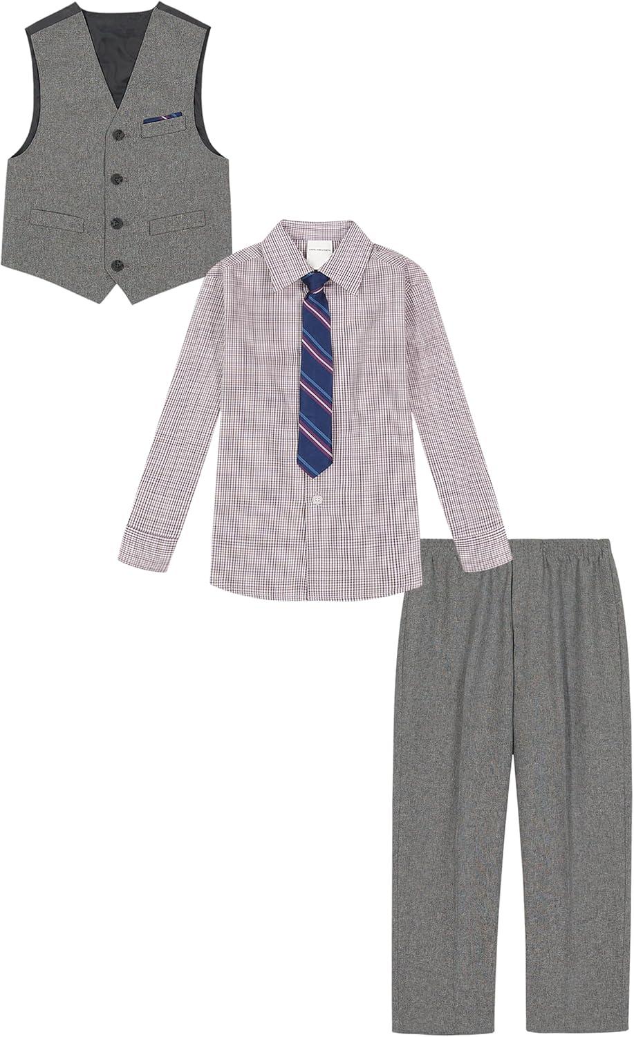 imageVan Heusen Boys 4Piece Formal Suit Set Vest Pants Collared Dress Shirt and TieSilverware