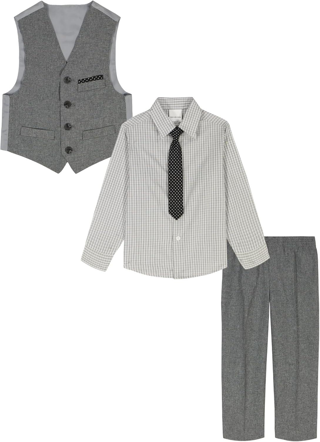 imageVan Heusen Boys 4Piece Formal Suit Set Vest Pants Collared Dress Shirt and TieSilverwareBlack