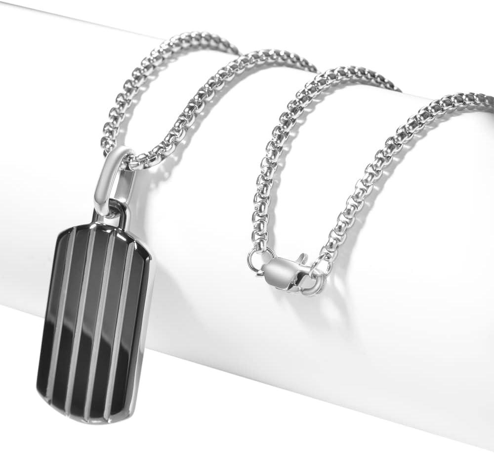 imageVan Heusen Mens Stainless Steel Striped Dog Tag Pendant with 24 Box Chain NecklaceBlack