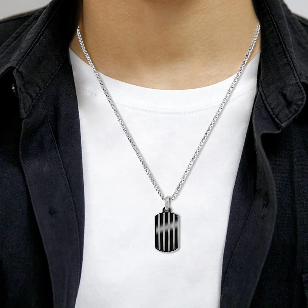 imageVan Heusen Mens Stainless Steel Striped Dog Tag Pendant with 24 Box Chain NecklaceBlack