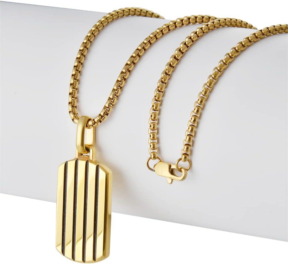 imageVan Heusen Mens Stainless Steel Striped Dog Tag Pendant with 24 Box Chain NecklaceGold