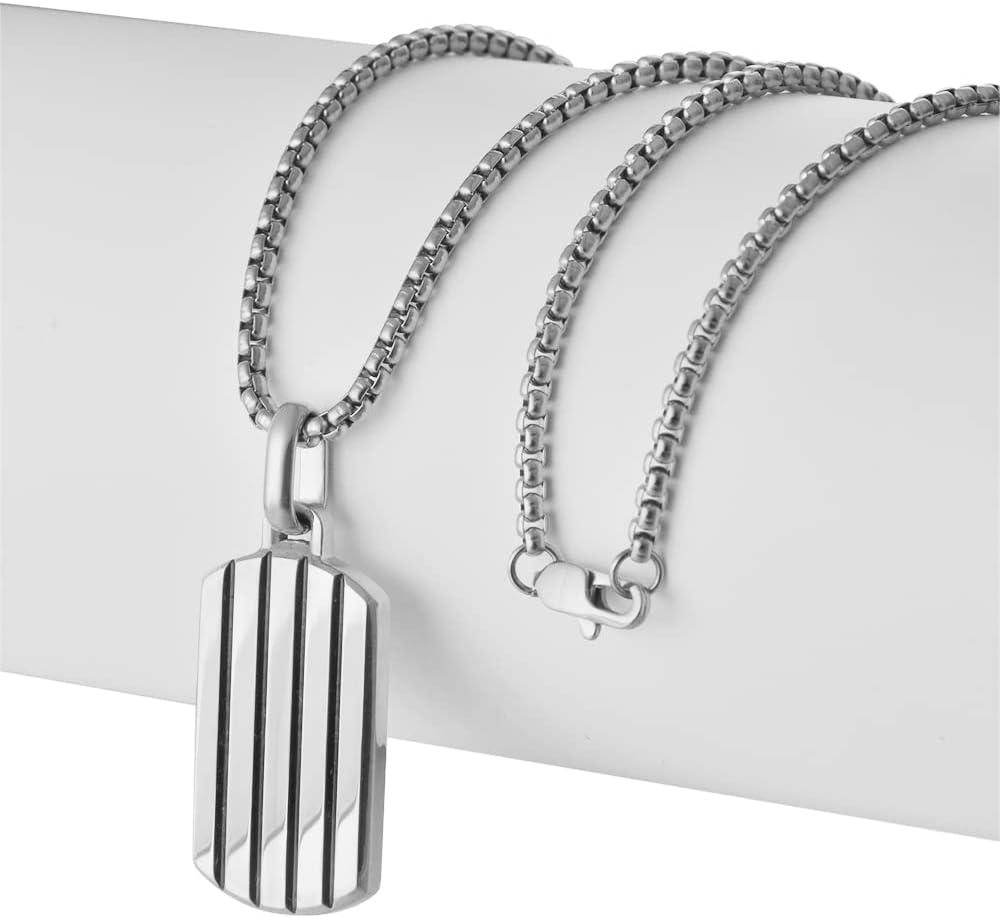 imageVan Heusen Mens Stainless Steel Striped Dog Tag Pendant with 24 Box Chain NecklaceSilver