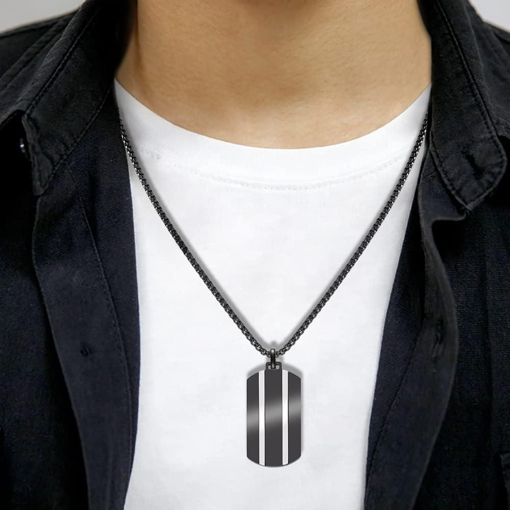 imageVan Heusen Mens Stainless Steel Two Striped Dog Tag Pendant with 24 Box Chain NecklaceBlack