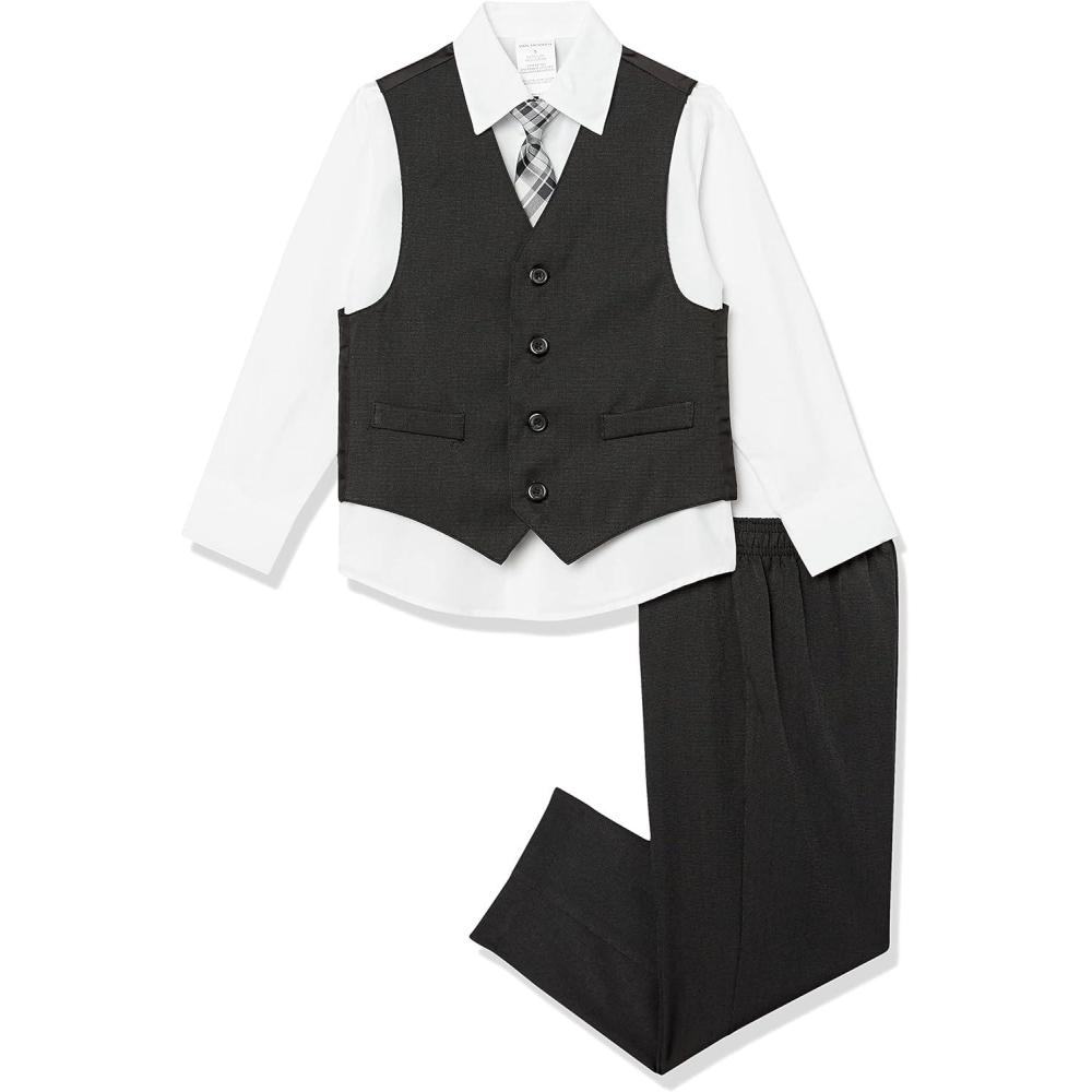 imageVan Heusen Boys 4Piece Formal Suit Set Vest Pants Collared Dress Shirt and TieBlackRed Stripe