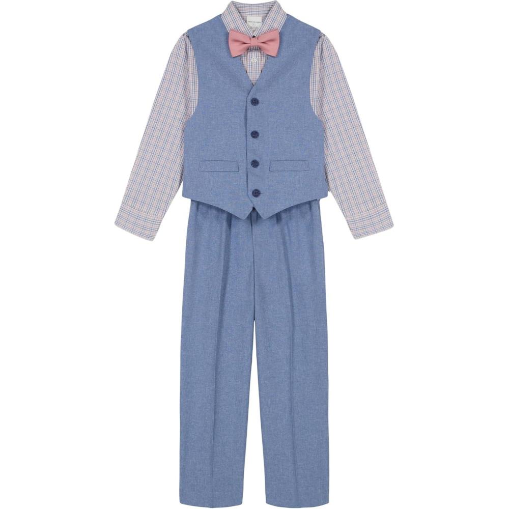 imageVan Heusen Boys 4Piece Formal Suit Set Vest Pants Collared Dress Shirt and TieBluePink Plaid
