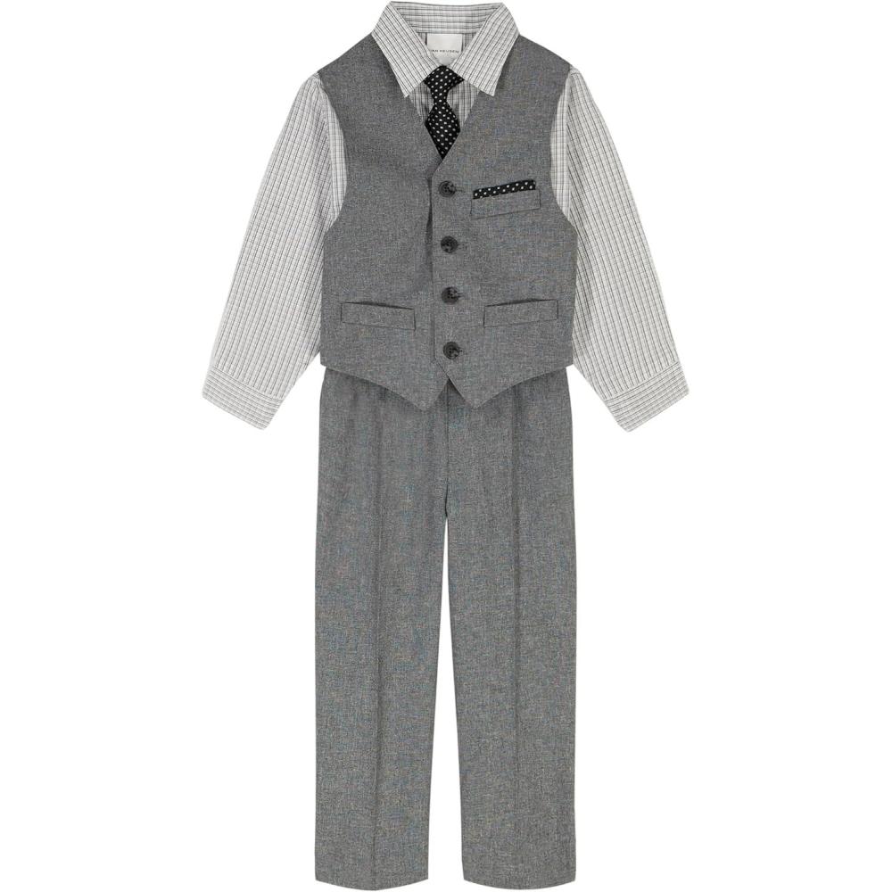 imageVan Heusen Boys 4Piece Formal Suit Set Vest Pants Collared Dress Shirt and TieSilverwareBlack