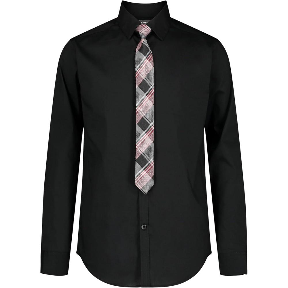 imageVan Heusen Boys Long Sleeve Collared Buttondown Dress Shirt and Tie SetBlackPlaid