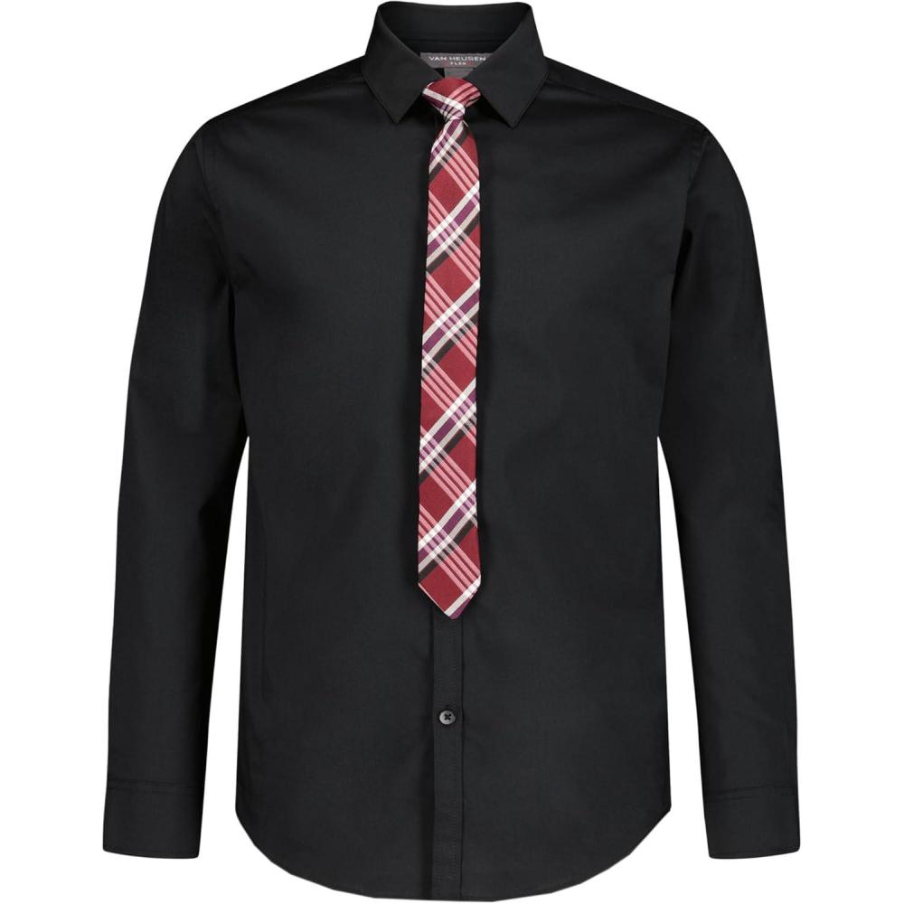 imageVan Heusen Boys Long Sleeve Collared Buttondown Dress Shirt and Tie SetBlackRed Plaid