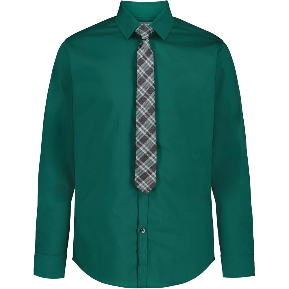 imageVan Heusen Boys Long Sleeve Collared Buttondown Dress Shirt and Tie SetDark GreenPlaid