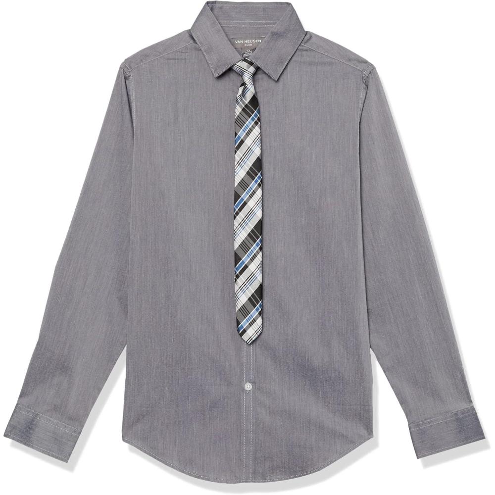imageVan Heusen Boys Long Sleeve Collared Buttondown Dress Shirt and Tie SetWild Grey Plaid
