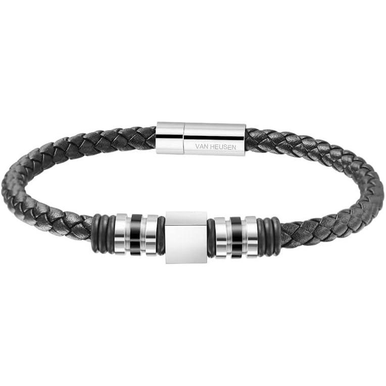 imageVan Heusen Men Braid Leather Bracelet with Stainless Steel OrnamentsSilver