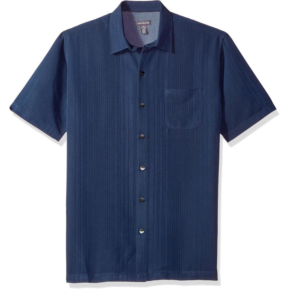 imageVan Heusen Mens Big and Tall Air Short Sleeve Button Down Poly Rayon Stripe ShirtDeep Blue Barge