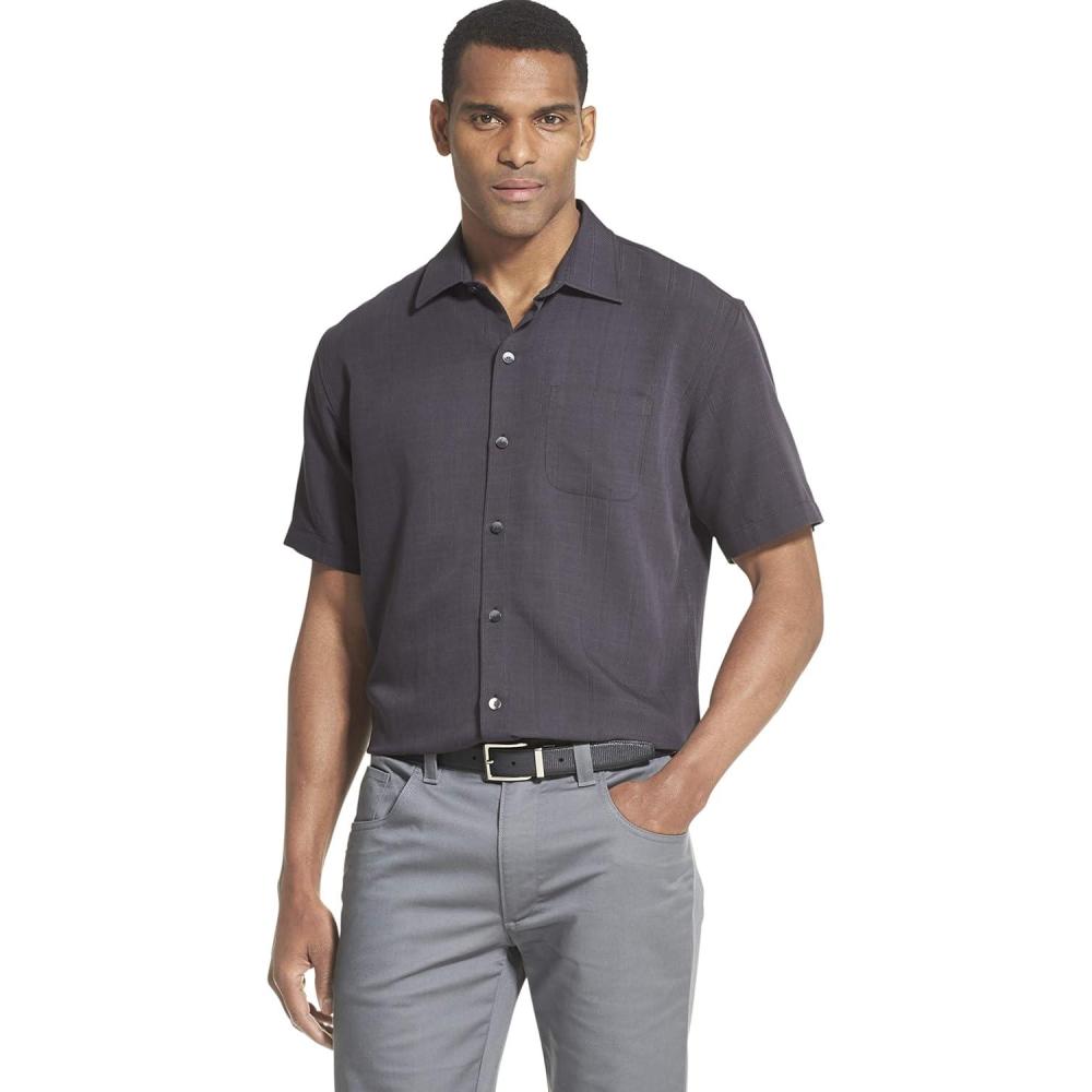 imageVan Heusen Mens Big and Tall Air Short Sleeve Button Down Poly Rayon Stripe ShirtLegacy Black