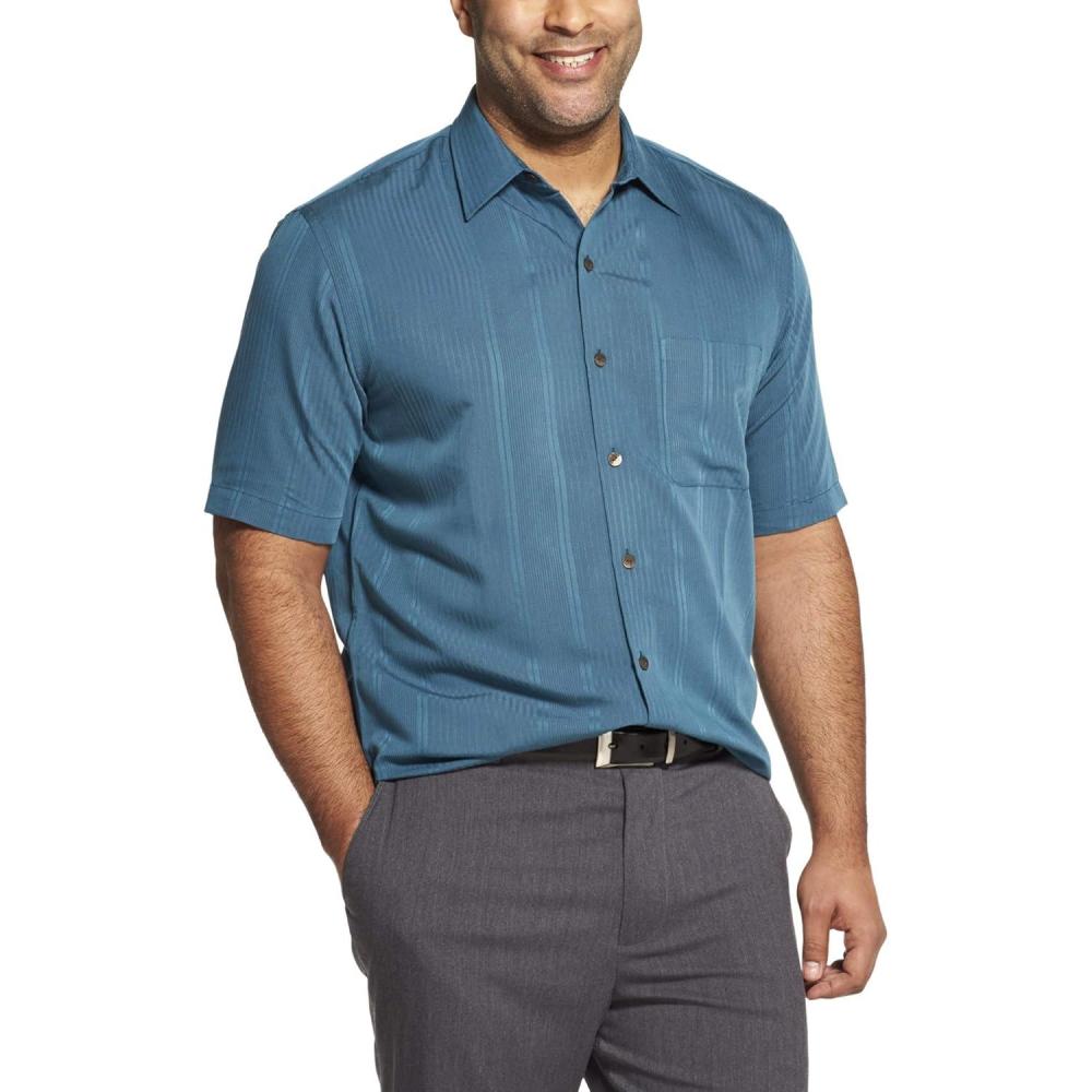 imageVan Heusen Mens Big and Tall Air Short Sleeve Button Down Poly Rayon Stripe ShirtTurquoise Mallard