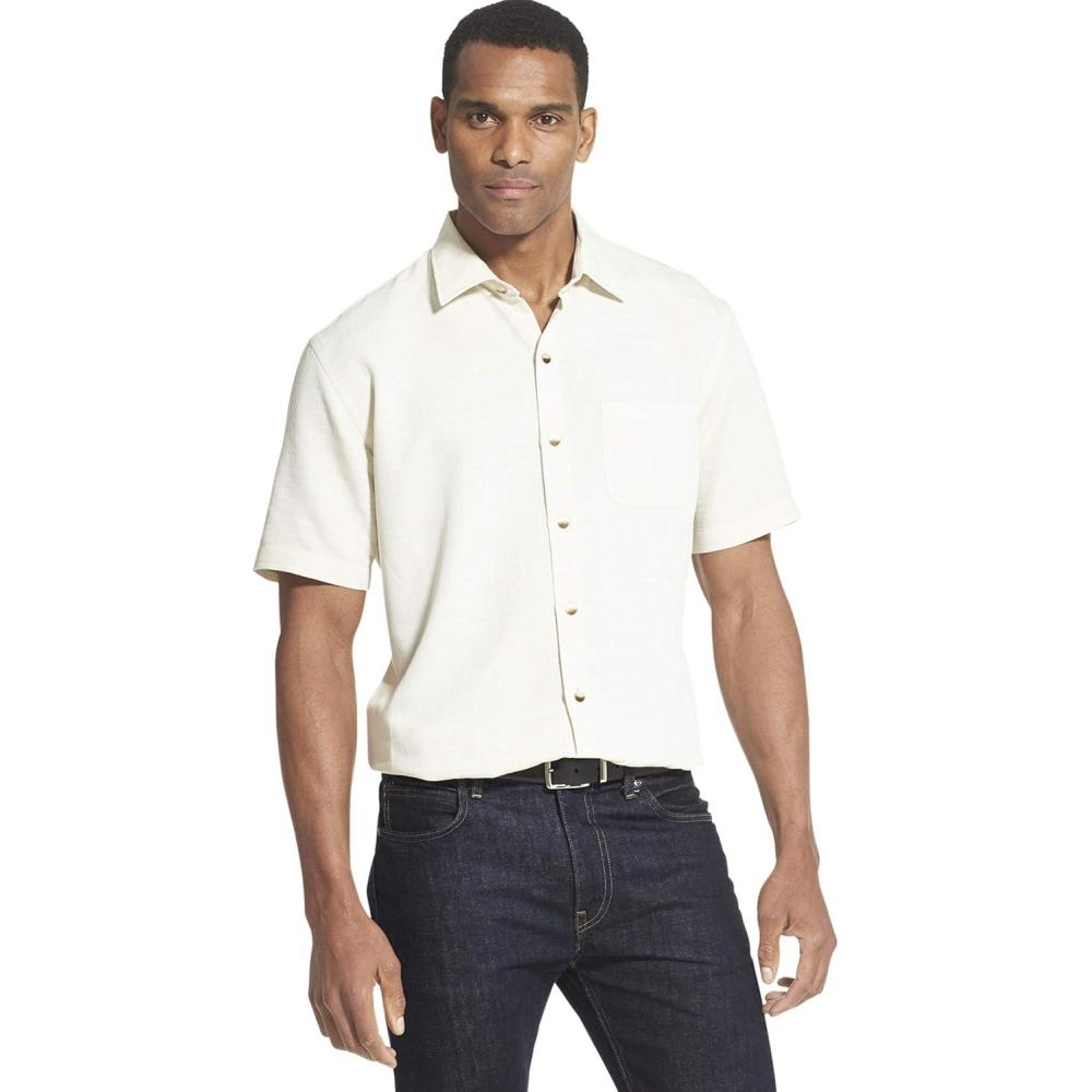 imageVan Heusen Mens Big and Tall Air Short Sleeve Button Down Poly Rayon Stripe ShirtYellow Vanilla Custard