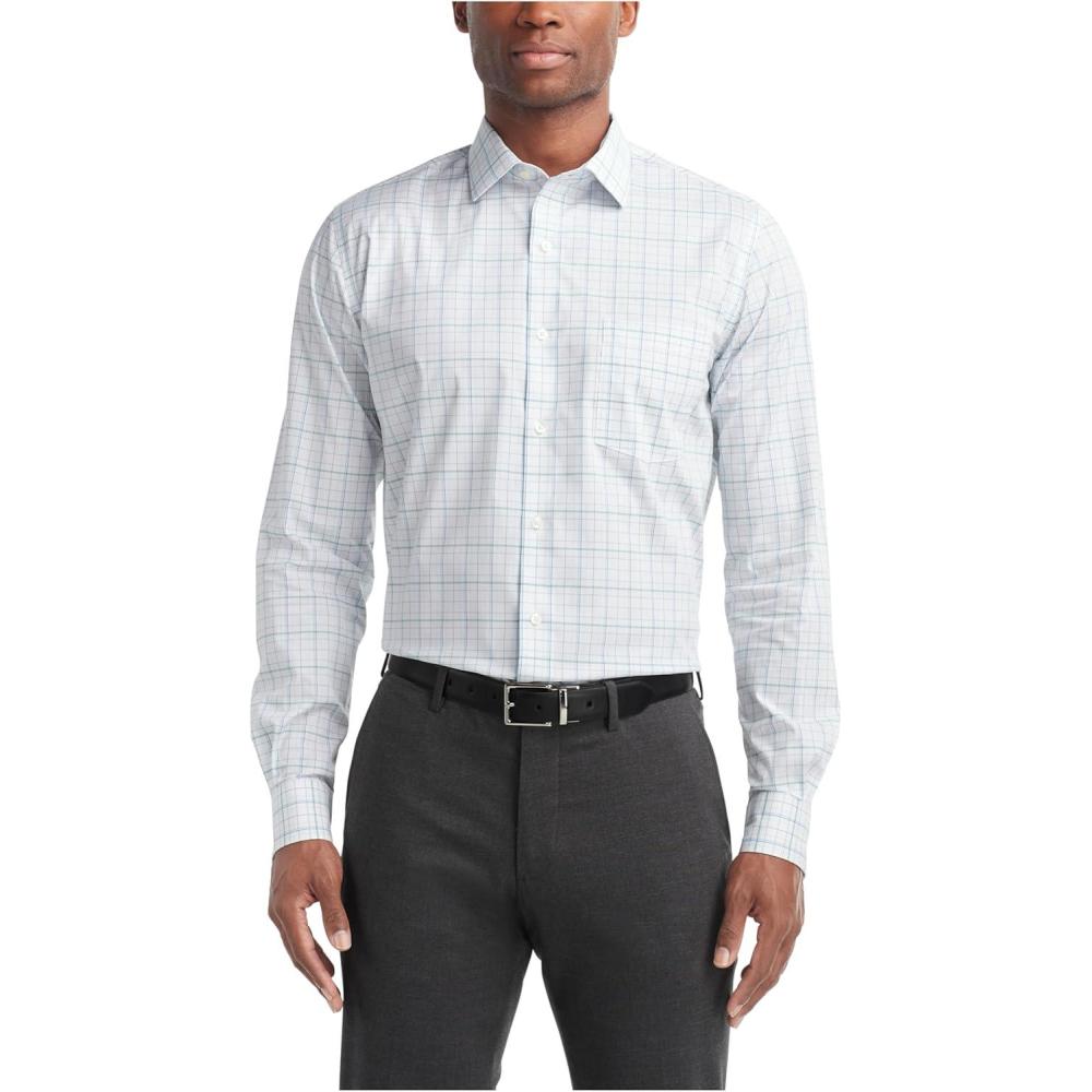 imageVan Heusen Mens Dress Shirt Regular Fit Ultra Wrinkle Free Flex Collar Stretch CheckBlue Palm