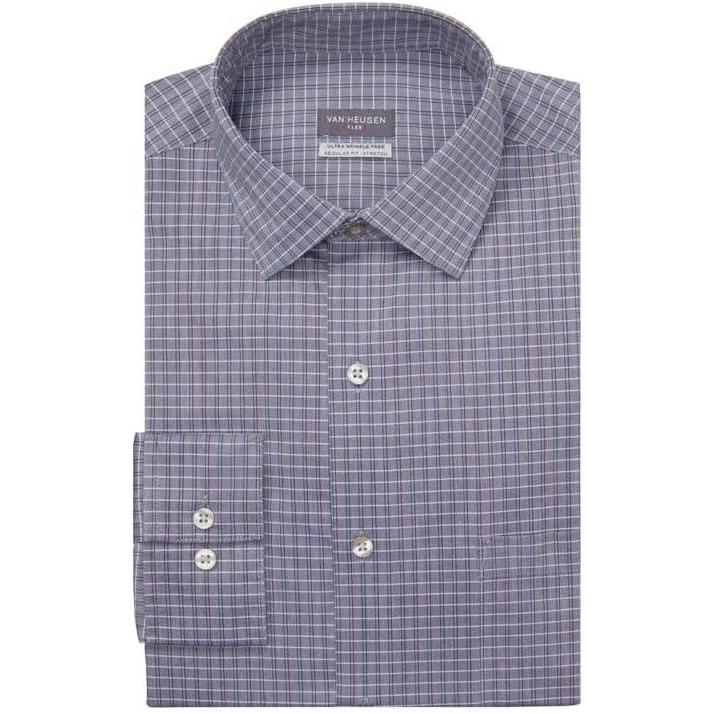 imageVan Heusen Mens Dress Shirt Regular Fit Ultra Wrinkle Free Flex Collar Stretch CheckBlue Smoke