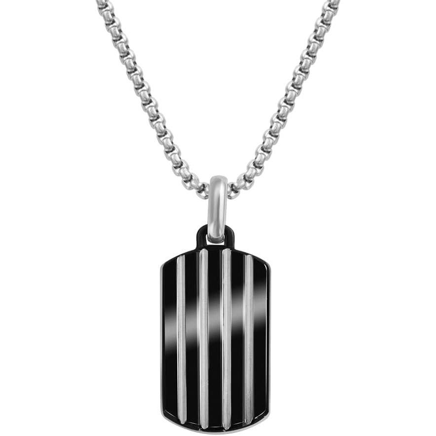 imageVan Heusen Mens Stainless Steel Striped Dog Tag Pendant with 24 Box Chain NecklaceBlack