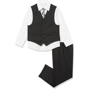 Van Heusen Boys 4-Piece Formal Suit Set, Vest, Pants, Collared Dress Shirt, and Tie(Black  White)
