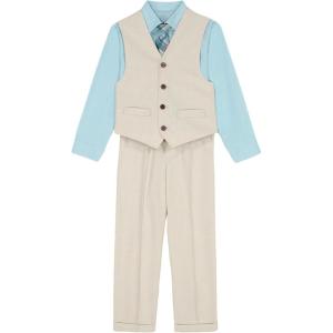 Van Heusen Boys 4-Piece Formal Suit Set, Vest, Pants, Collared Dress Shirt, and Tie(Light Khaki/Green)