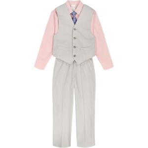 Van Heusen Boys 4-Piece Formal Suit Set, Vest, Pants, Collared Dress Shirt, and Tie(Silver Metal Stripe)