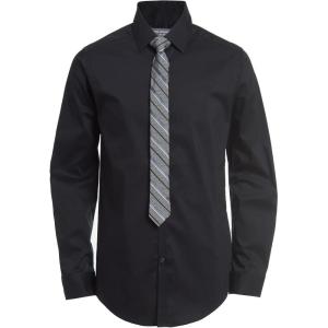 Van Heusen Boys’ Long Sleeve Collared Button-down Dress Shirt and Tie Set(Black Stripe)
