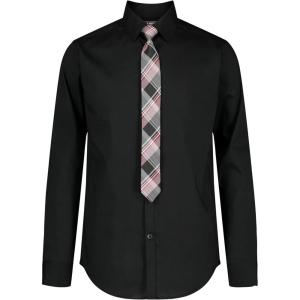 Van Heusen Boys’ Long Sleeve Collared Button-down Dress Shirt and Tie Set(Black/Plaid)