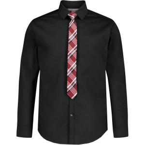 Van Heusen Boys’ Long Sleeve Collared Button-down Dress Shirt and Tie Set(Black/Red Plaid)