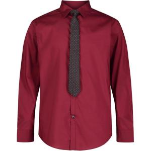 Van Heusen Boys’ Long Sleeve Collared Button-down Dress Shirt and Tie Set(Bright Burgundy)