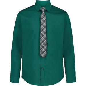 Van Heusen Boys’ Long Sleeve Collared Button-down Dress Shirt and Tie Set(Dark Green/Plaid)