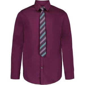 Van Heusen Boys’ Long Sleeve Collared Button-down Dress Shirt and Tie Set(Dark Purple/Stripe)
