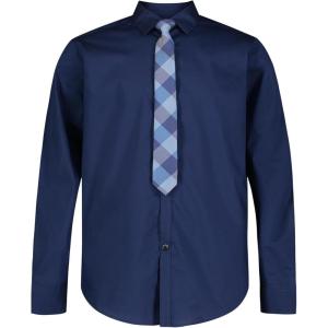 Van Heusen Boys’ Long Sleeve Collared Button-down Dress Shirt and Tie Set(Flag Blue)