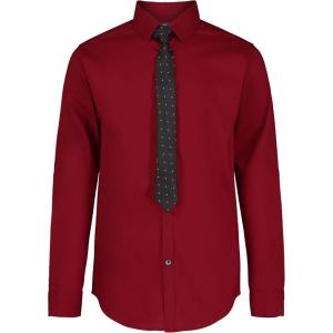 Van Heusen Boys’ Long Sleeve Collared Button-down Dress Shirt and Tie Set(Rhubarb)