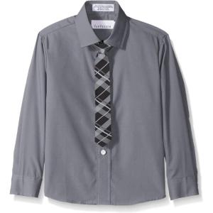 Van Heusen Boys’ Long Sleeve Collared Button-down Dress Shirt and Tie Set(Silverware)
