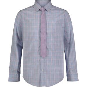 Van Heusen Boys’ Long Sleeve Collared Button-down Dress Shirt and Tie Set(Violet Plaid)