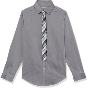 Van Heusen Boys’ Long Sleeve Collared Button-down Dress Shirt and Tie Set(Wild Grey Plaid)