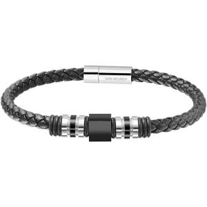 Van Heusen Men Braid Leather Bracelet with Stainless Steel Ornaments(Black)